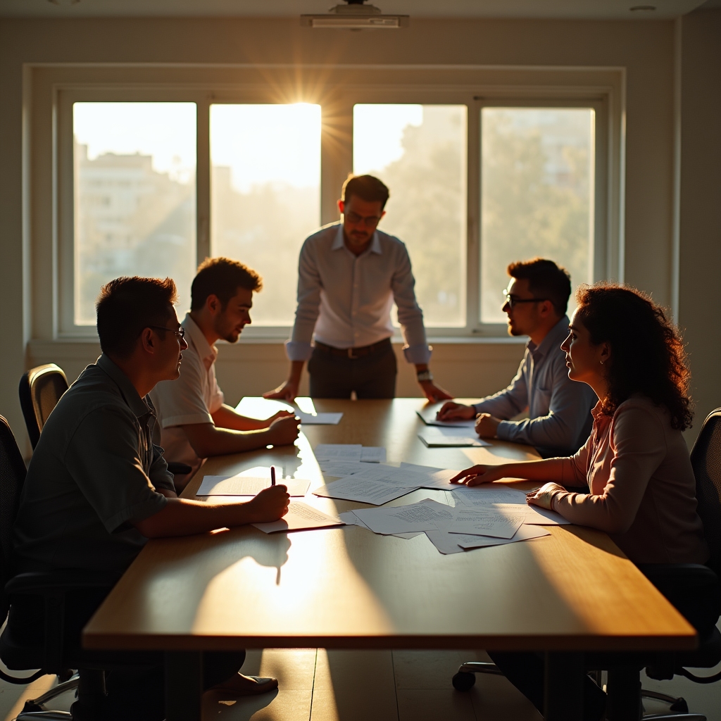Small group of workers in a financial training session reviewing documents together