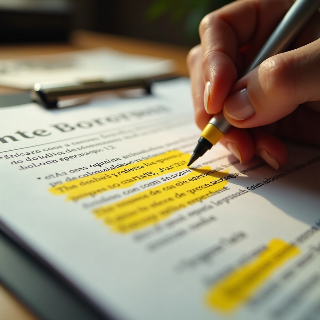 Close-up of a financial contract with highlighted clauses being studied by a training participant