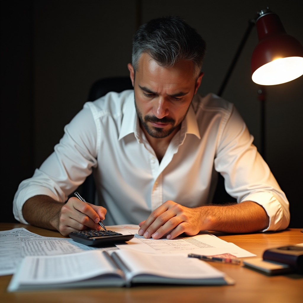 Worker using a calculator and spreadsheet to calculate total interest costs on their loan documents